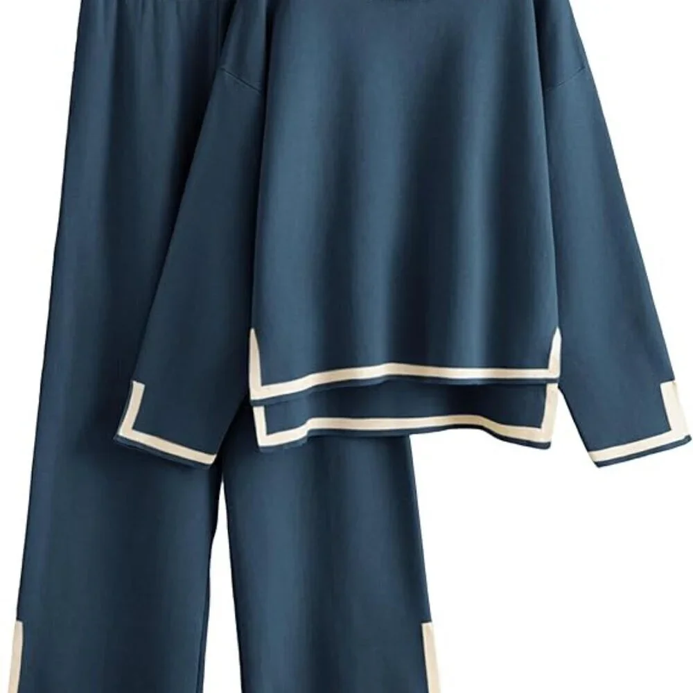 Women's Navy Long Sleeve Knit Sweater Top & Wide Leg Pants Lounge Set